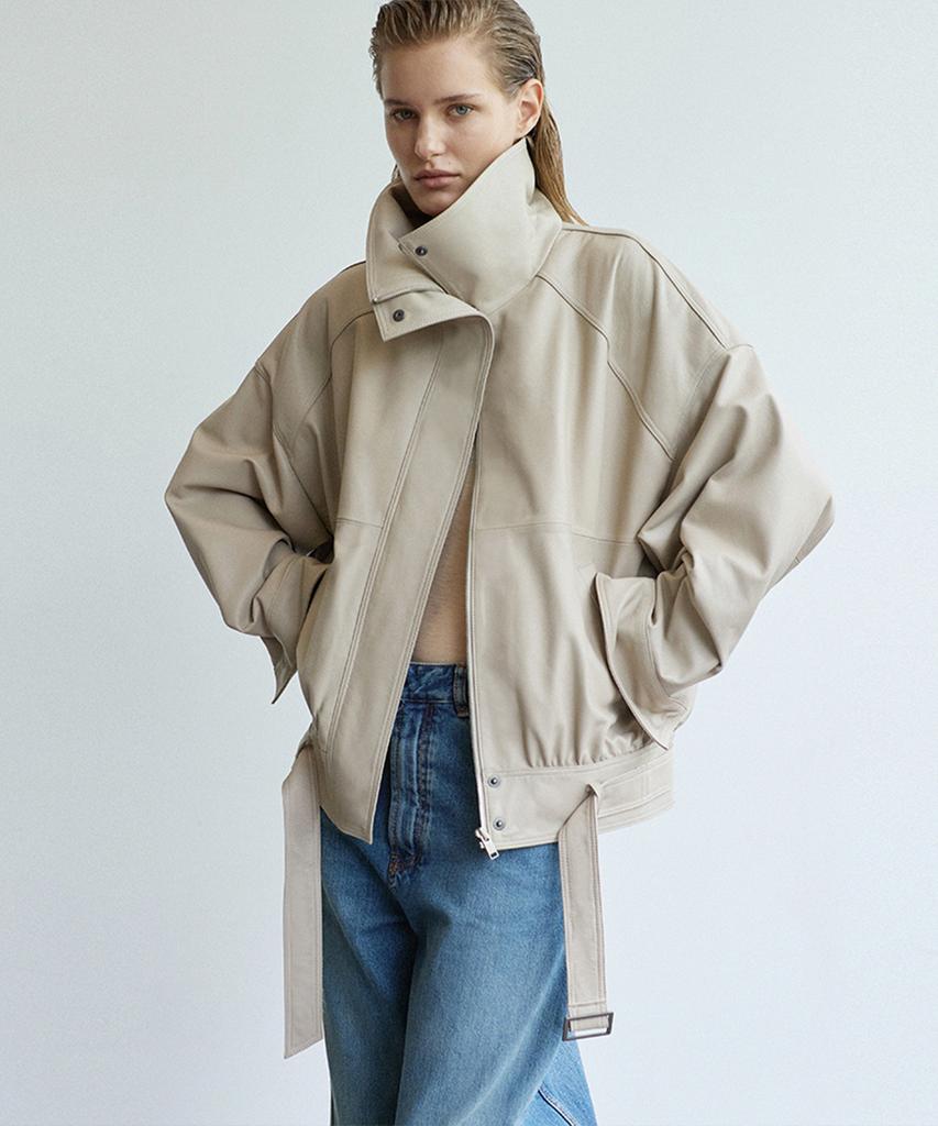 VERDEMAR High-Neck Belted Leather Blouson_Cream