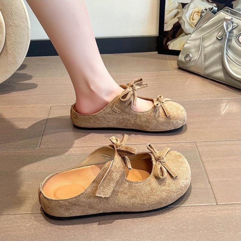 College style one pedal double bow half slippers new round head single shoes student suede flat slippers women
