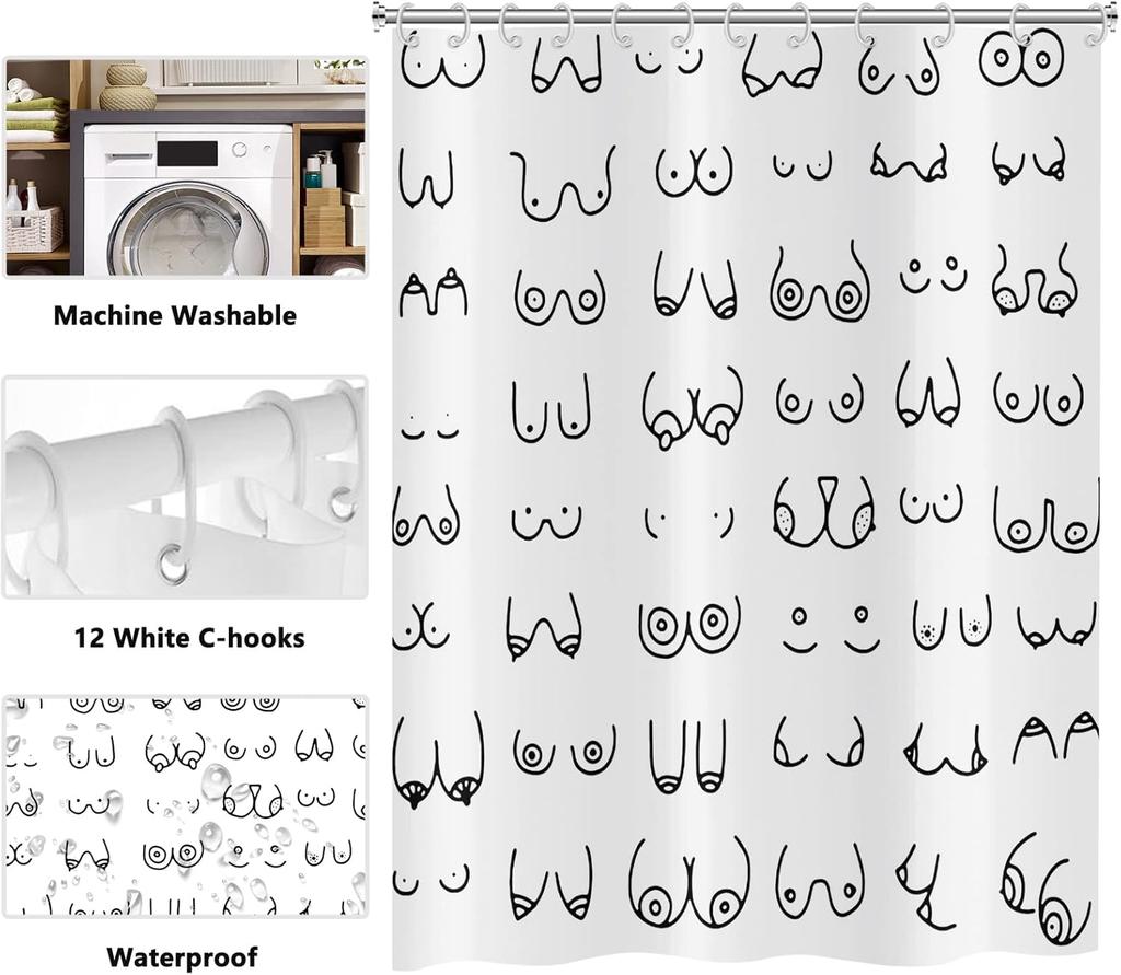 Black Shower Curtain 180x 210cm, Modern Fun Graffiti Line Washable Bathroom Decoration Textile Shower Curtain