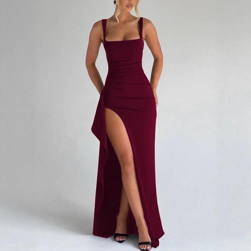 Wide Strap Square Neck Maxi Dress Ruched High Slit Elegant Bodycon Long Gown Multicolor Draped Side Split Sleeveless Evening Party Formal Prom Dress