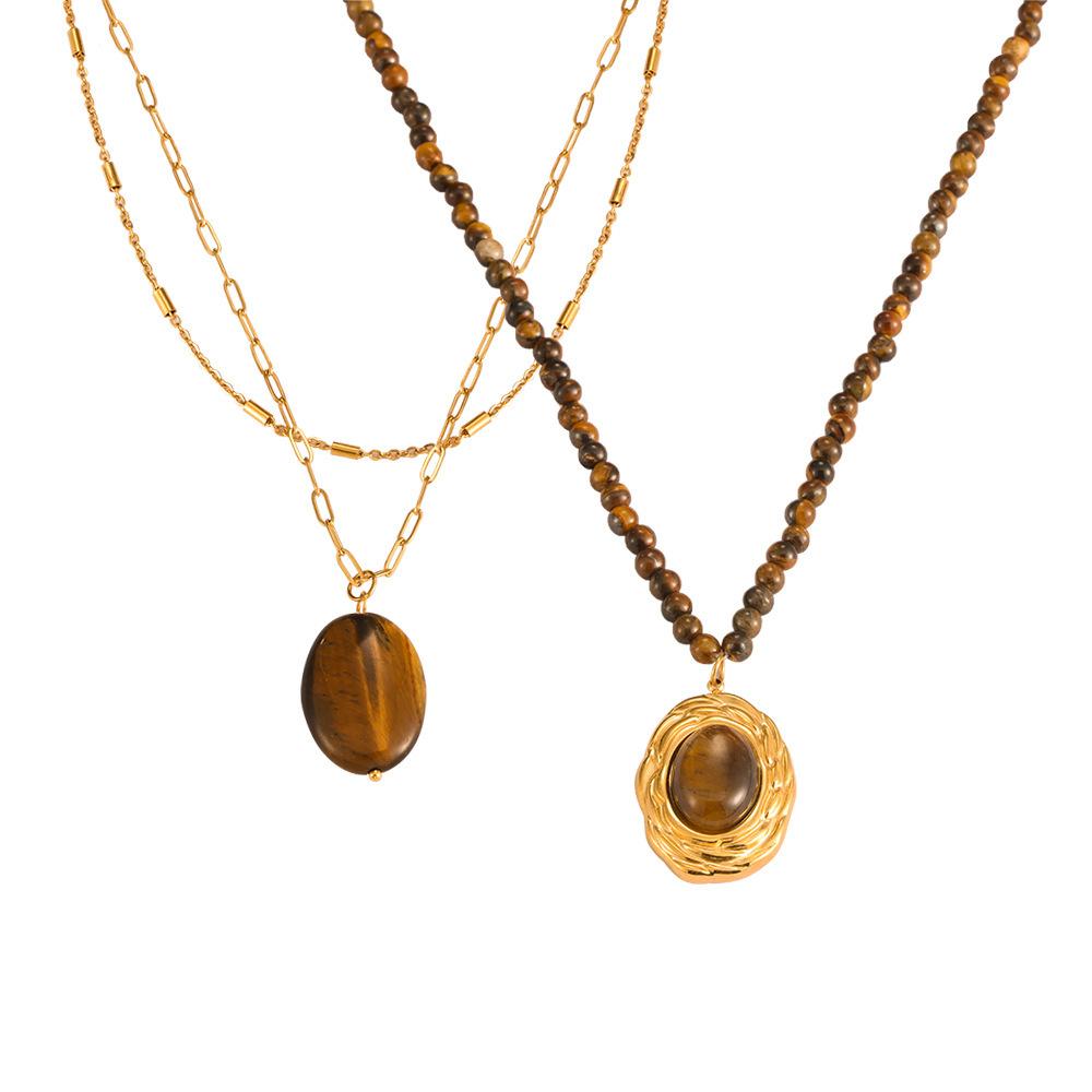 Maillard Oval Tijgeroog Hanger Temperament Titanium Staal Ketting Vintage Kralenketting Set Vrouwelijk