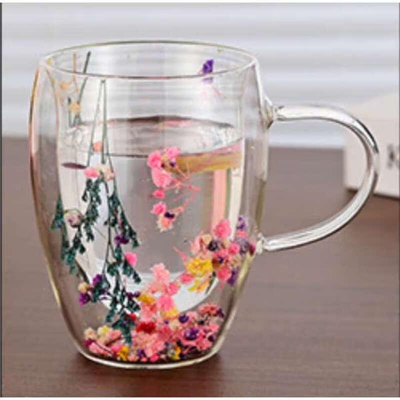 Shangqi Double-Wall Glass Coffee Mug with Real Flowers