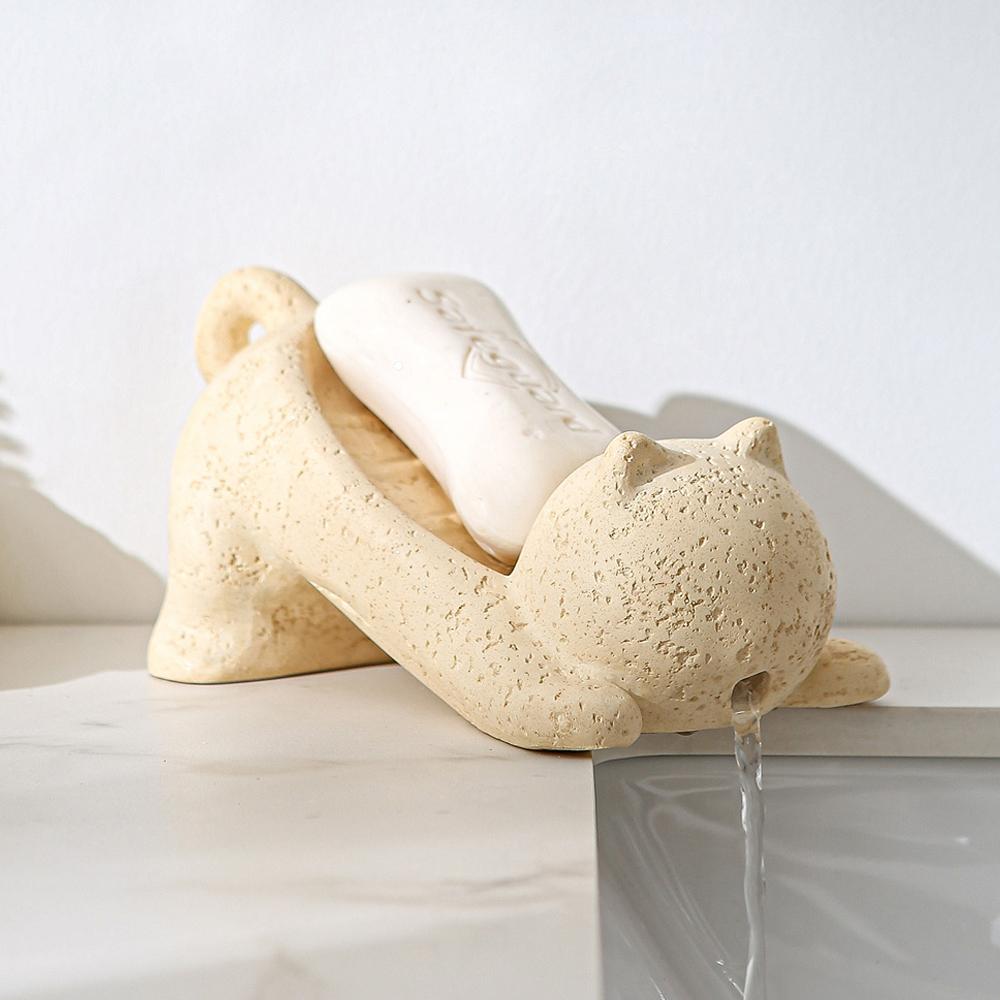 Cave Stone Soap Box Cartoon Animal Cat Drain Soap Box Bathroom Shelf Washing Table Drain Soap Box Bathroom Decoration