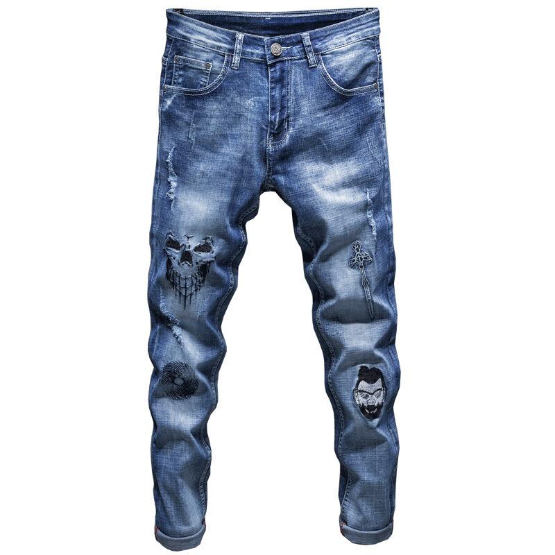 

+Street Fashion Мужские джинсы Перфорированные хлопковые брюки Молодежная мода Зауженные брюки со средней посадкой 8506