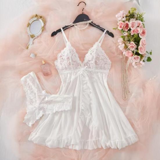 Sexy průhledná síťovaná body šaty s otevřeným předním dílem a kalhotkami Krajková košilka Bez rukávů Průhledná Mini noční košile