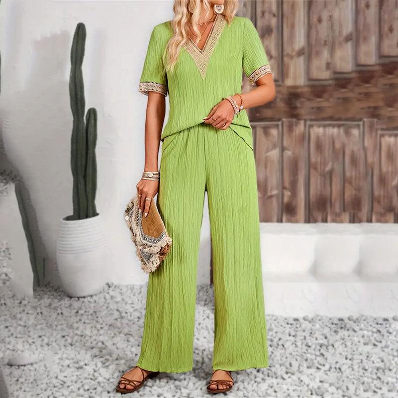 Ladies Summer Lace Edge V-Neck Short Sleeve Solid Colour Casual Suit
