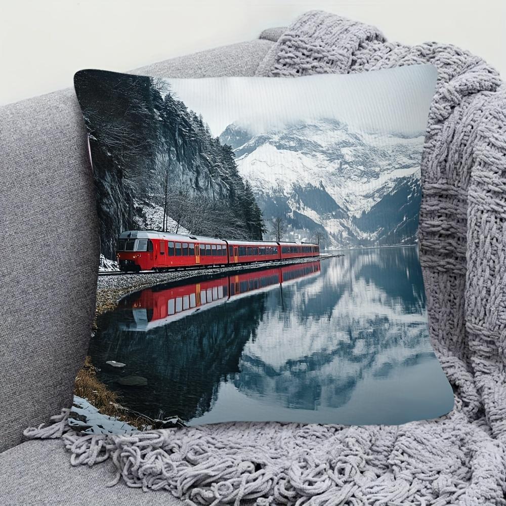 1pc Swiss Scenery Train Red Cushion Cover, Traditional-Style, 45.72x45.72cm, Double-Sided Short Plush Decorative Throw Pillowcase, Polyester, with Zip