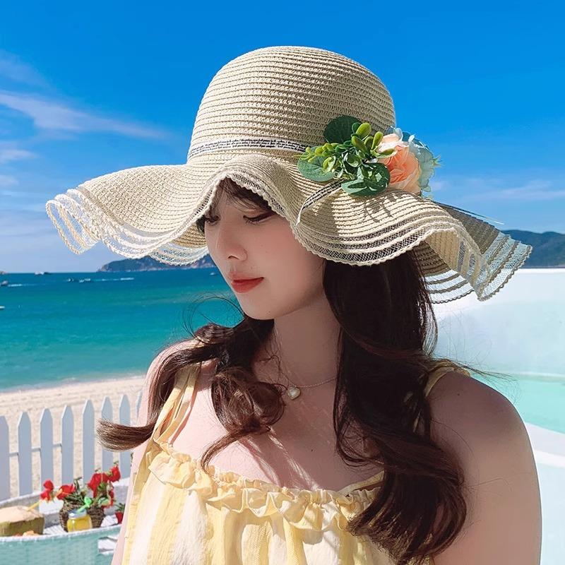 Fashionable Adult Simulation Flower Wave Straw Weaving Sun Protection Straw Hat Summer Versatile Seaside Big Brim Beach Sun Hat
