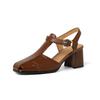 Fashion Split Leather Summer Sandals Square Toe Chunky Heel Sandals for Women High Heels Mary Jane Shoes T-shaped Buckle Ladies Shoes