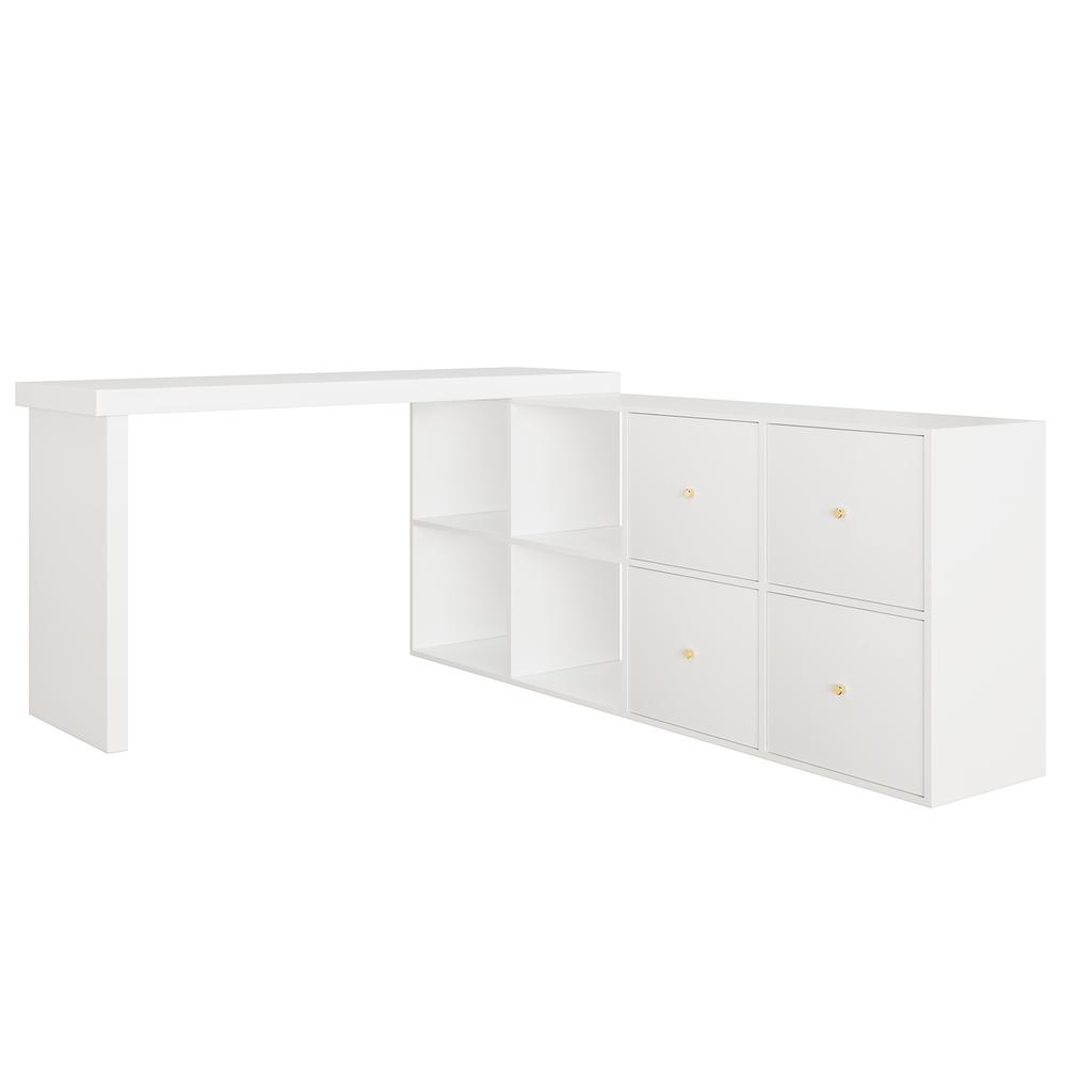 Corner Table, Tabletop 360 Swivel - Can Be Set Up L-shaped or Straight, MDF, Tabletop and Legs Reinforced 4 cm, 4 Compartments, 4 Drawers, White, Desk