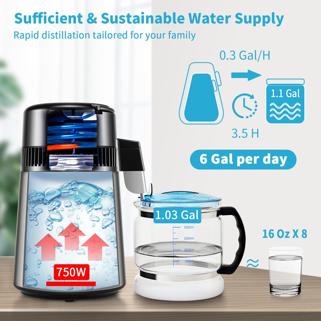SucceBuy 4L destilátor vody 1,5 l/h 1 l/h výrobník destilovanej vody s časovačom 0-99 H Stolný čistička vody s duálnym zobrazením teploty