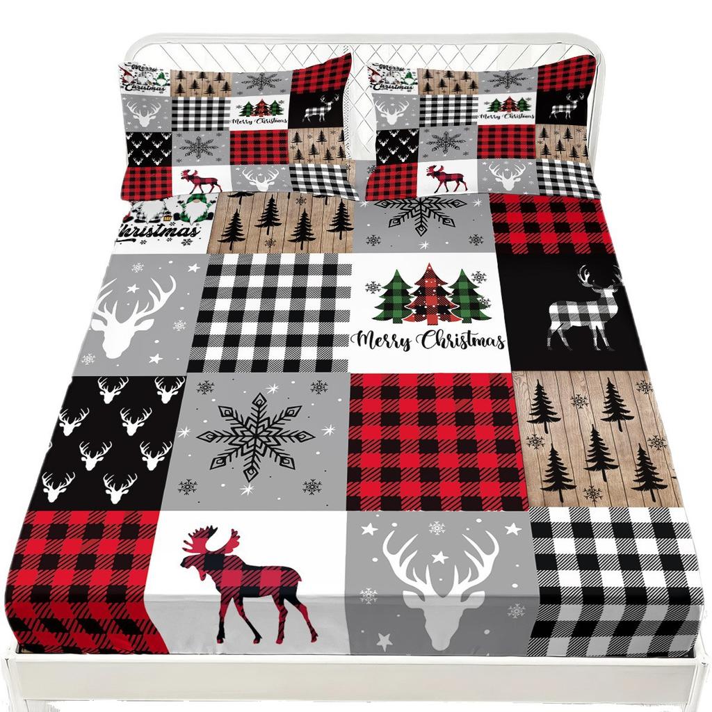 Christmas Theme Fitted Sheet Santa Claus Elk Christmas Tree Print Coreless Fitted Sheet Set Soft Bedspread Bedroom Bedding Decor
