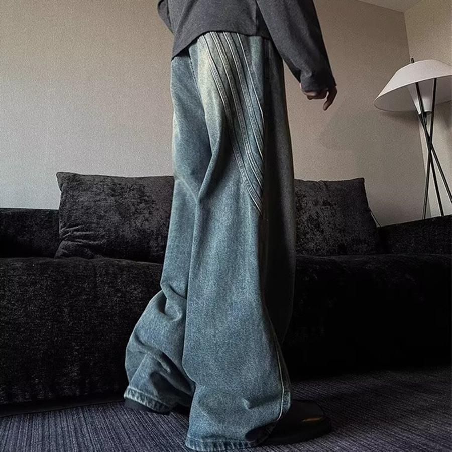 Splicing Design Straight Wide-leg Jeans Men's Spring and Autumn American Retro Vibe Loose Pants Men