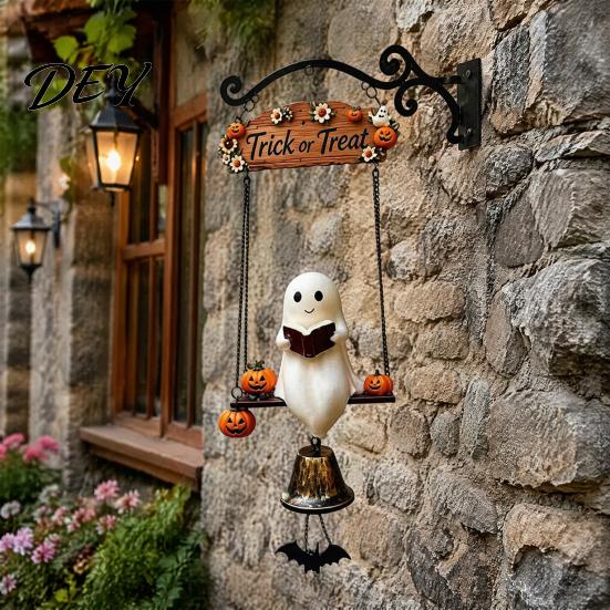Halloween Hanging Bell Decoration Ghost Wind Chime Wall Hanging, Porch Yard Decor with Resin Metal Bell, Festive Vintage Farmhouse Ornament for Garden