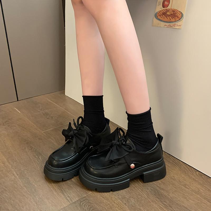 Small Leather Shoes Women's New Spring and Autumn Style Bow Retro British Style Platform Height Increase Mary Jane Loafers