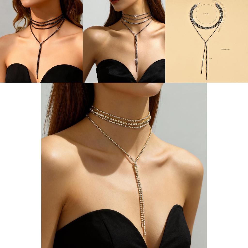 Silver Black Gold Plated Long Necklace With Water Crystals And Geometric Design For Womens Fashion