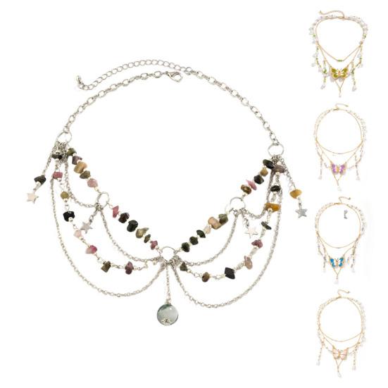 Women Necklace Multi Layer Chain Imitation Pearls Decor Butterflies Charm Choker Necklace Adjustable Length Neck Jewelry