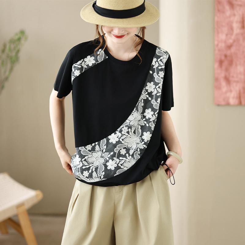 DIMANAF 2026 Plus Size Summer Women T-Shirts Casual Lady Tops Tunic Lace Shirt Oversize Loose Tees Cotton