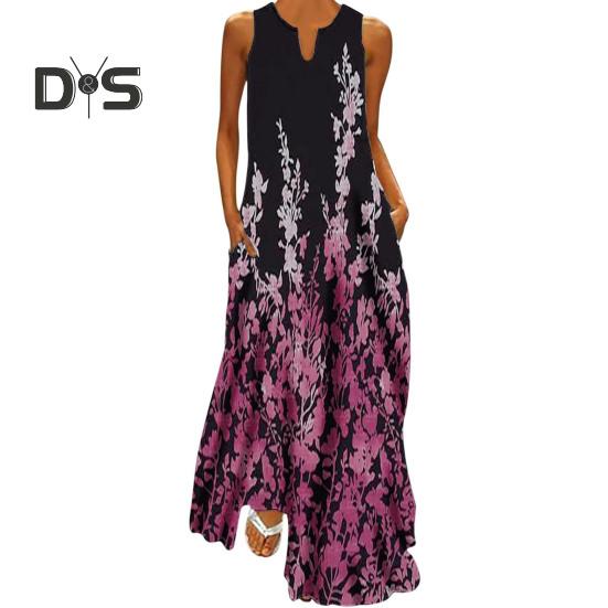 Women Summer Dress V-neck Sleeveless Floral Print Maxi Dress with Pockets Loose Fit Flowy Long Sundress