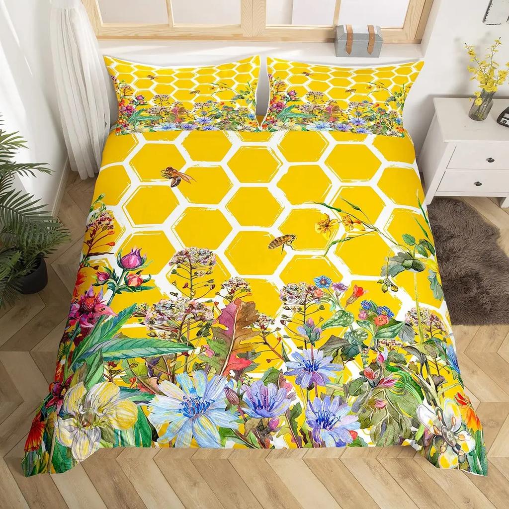 Bee And Butterfly Duvet Cover SetSpring Floral Bedding Sets For Boys GirlsColorful Flowers Country Style Comforter Cover Queen