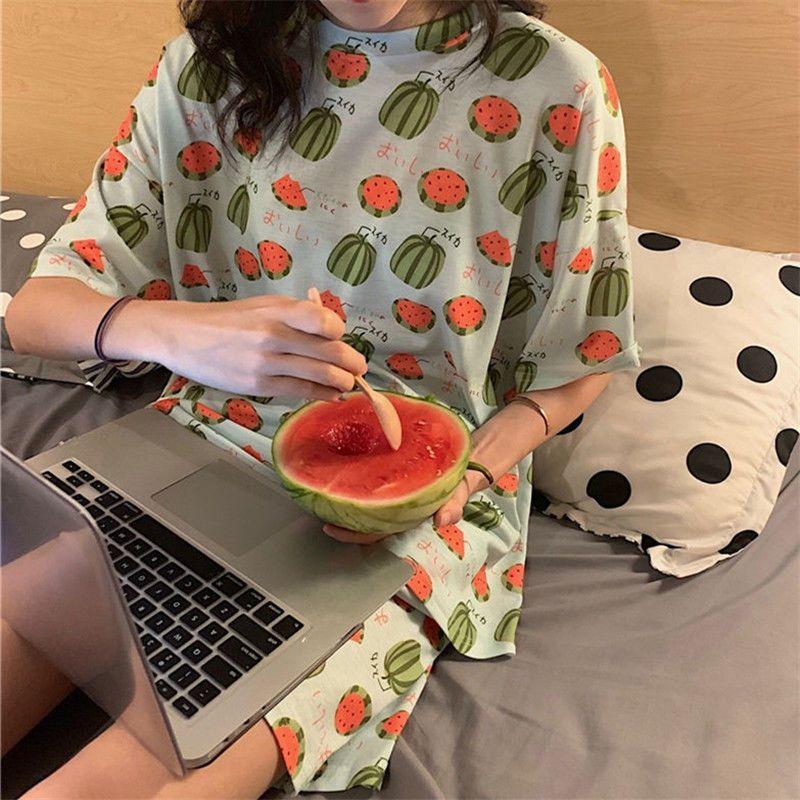Factory Korean version pajamas women s summer full print loungewear women s fresh thin summer student disposable suit M