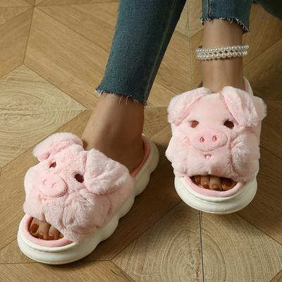 Mode Cartoon Schattige Pluizige Bont Pantoffels Vrouwen Winter Nieuw Warm Platte Hak Huis Katoenen Pantoffels Vrouwelijk Antislip Binnenhuis Katoenen Slippers