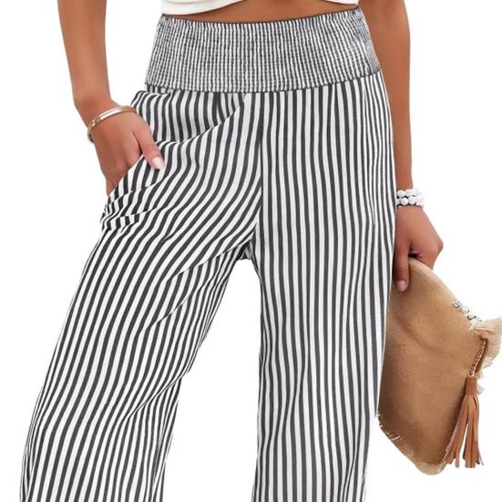 Women Pants Striped Print Wide Leg Trousers with Pockets Loose Fit Elastic High Waist Casual Pants Work Travel Daily Wear