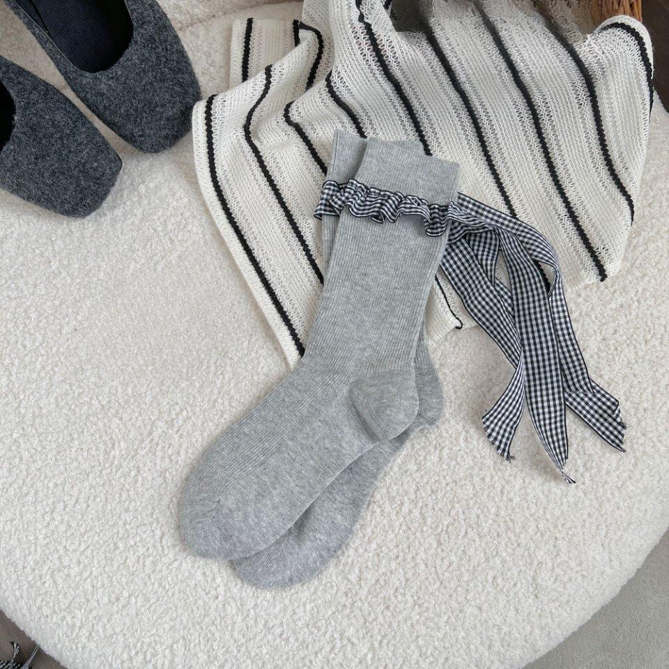 Double-needle Ballet-style Grey Lace Socks Women's Spring and Autumn Mid-length Heel Bow Pile Socks
