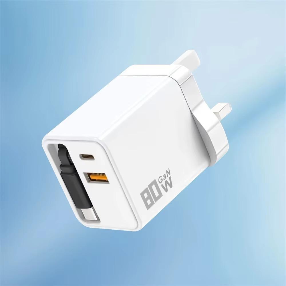 Retractable Cable Fast Charger 80W Power USB C Charger 3 in 1 PD Fast Charging Travel Use