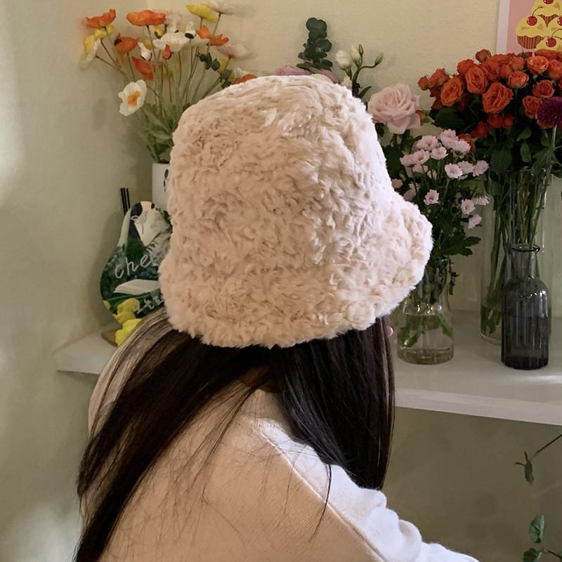 Fluffy Warm Beige Winter Hat For Women Sweet Korean Style Ear Bucket Protection