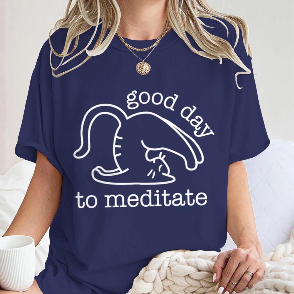 Cute Cat Yoga T Shirts Good Day To Meditate Retro Graphic Tees Women Unisex Short Sleeve Mom Dad Fun Casual Round Neck Tshirts