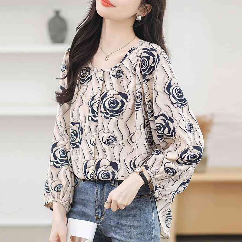 Temperament Round Neck Elegant Casual Shirts Women Tops Spring Long Sleeve Print Floral Loose Blouse Women Vintage Button Up Office Ladies Shirt 26328