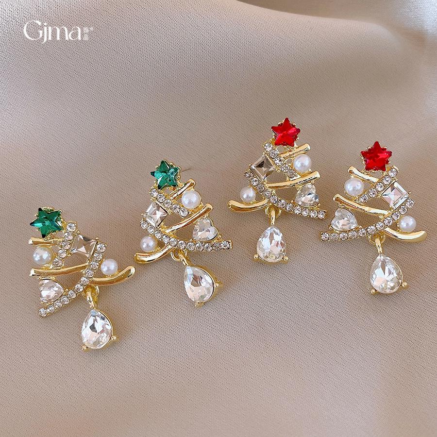 Silver Needle Diamond-Embellished Christmas Tree Tassel Earrings - Elegant Light Luxury Studs