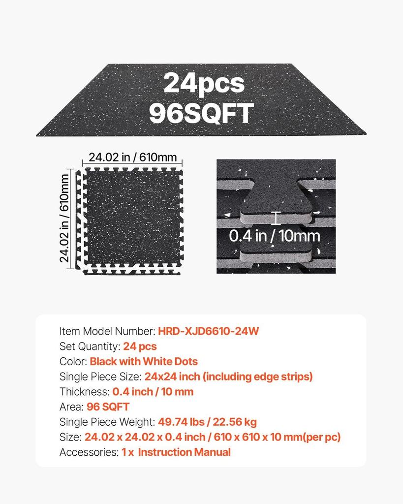 Puzzle Exercise Mat, 24 PCS Fitness Equipment Mats, 610 x 610 x 10 mm, High-Density EVA Foam Mat Set, Interlocking Rubber Soft Tiles, Protective Floor