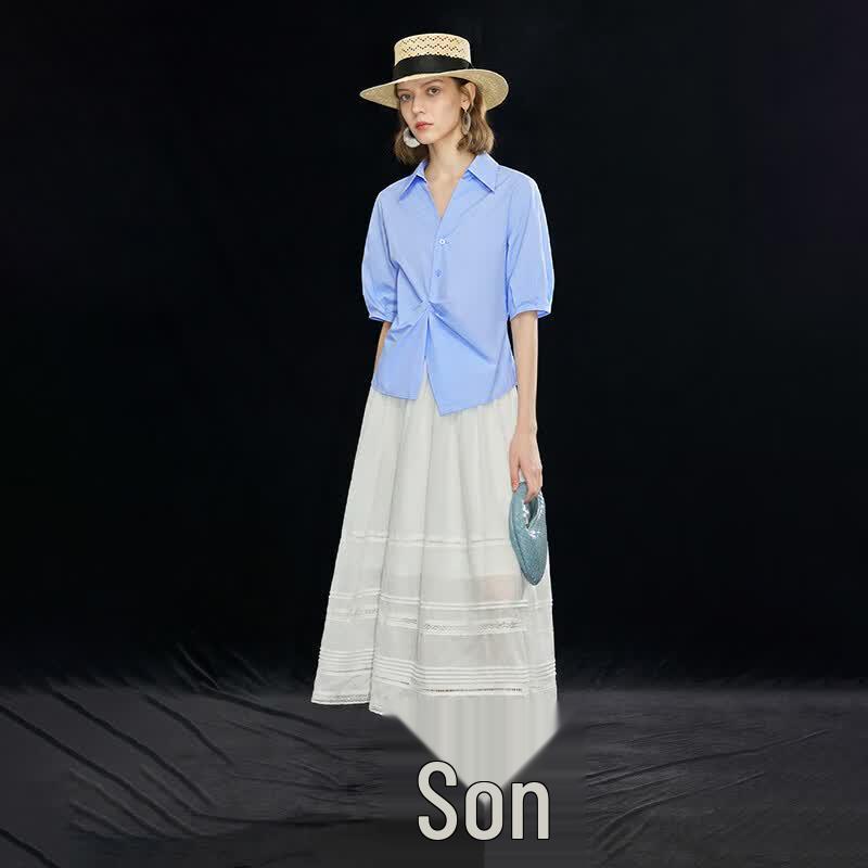 Women's 100% Cotton Irregular Hem Twisted Pleat Short Sleeve Shirt