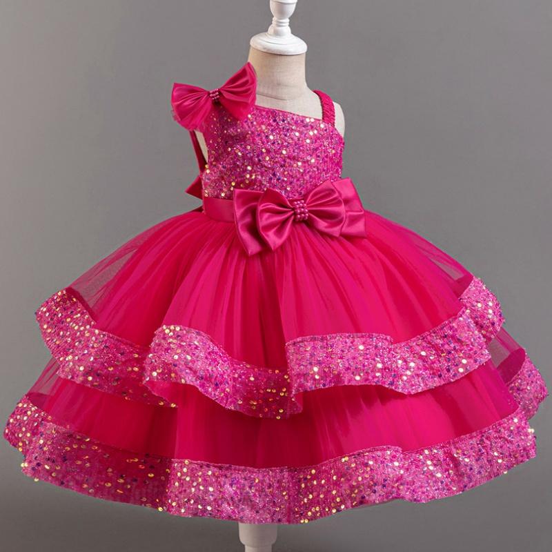 Girls Beaded Bow Tie Sequin Mesh Children's Sleeveless Evening Dress School Graduation Party Multi Layered Dress