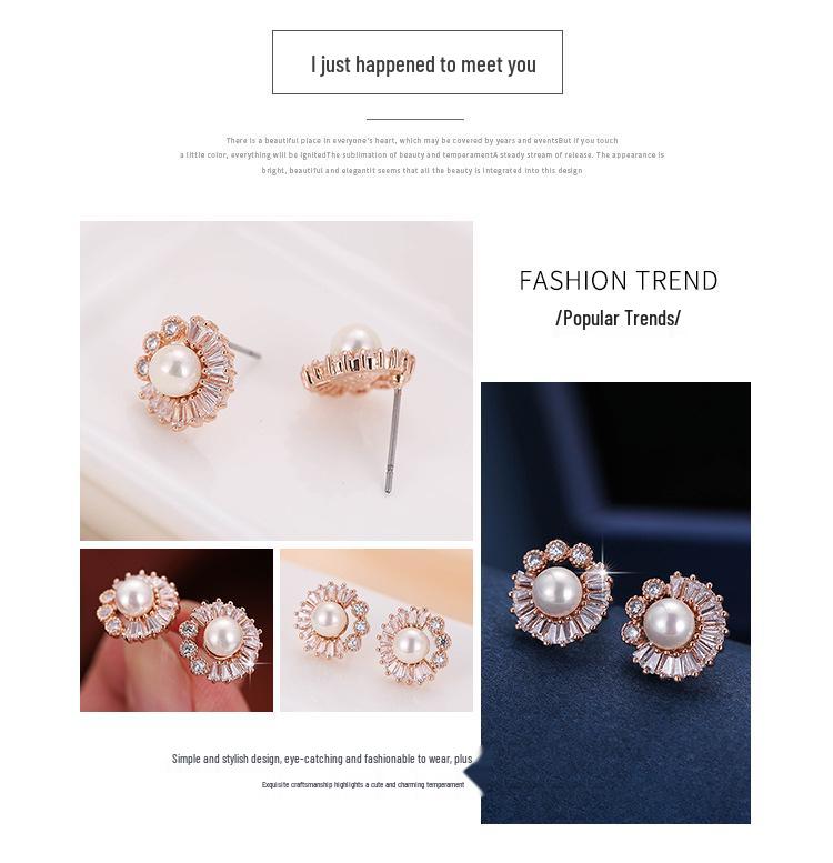 European & American Simple Style Women's Floral Earrings with White Pearl Studs