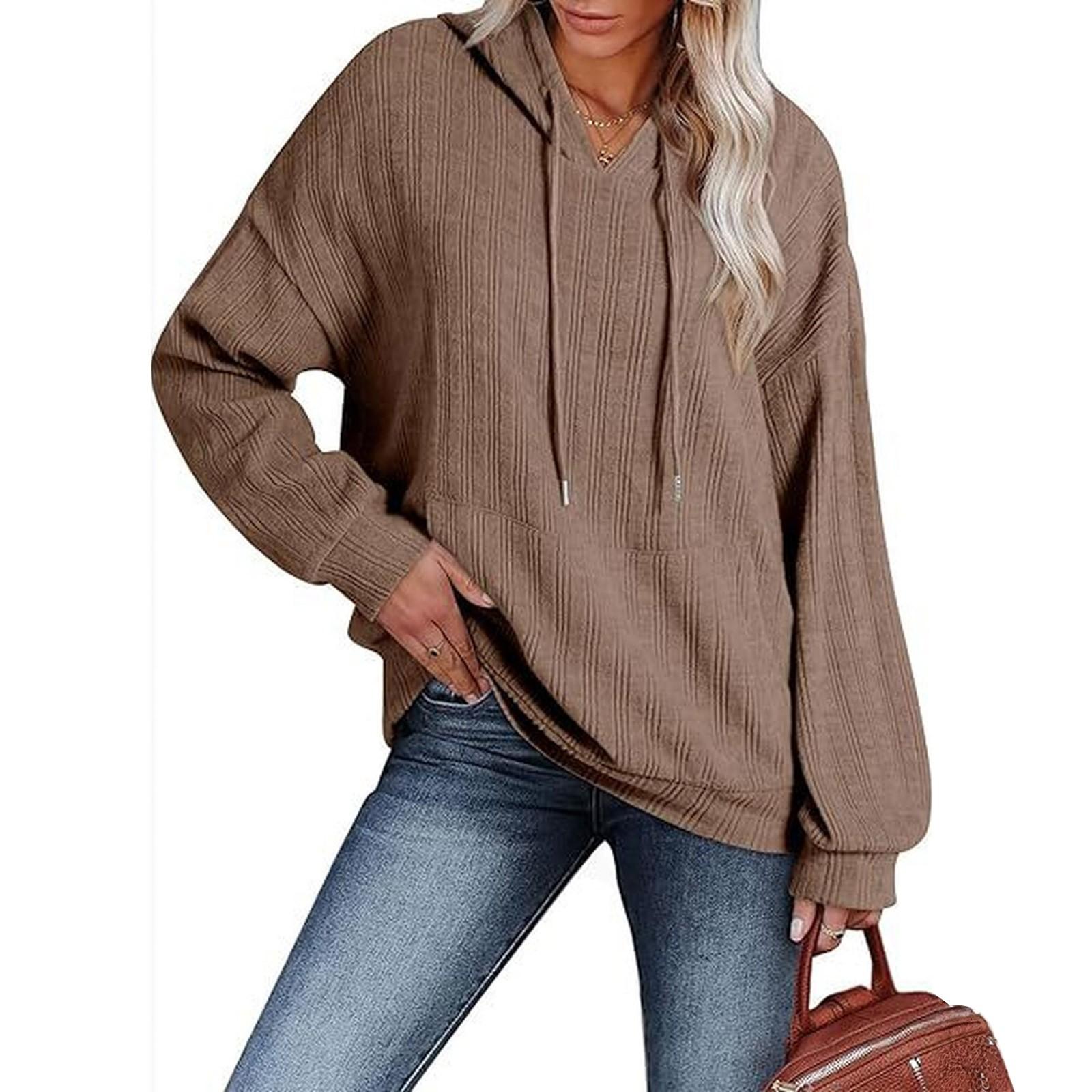 

Модная женская повседневная толстовка с капюшоном, свободного кроя, однотонная, с длинными рукавами и карманом XL верблюд