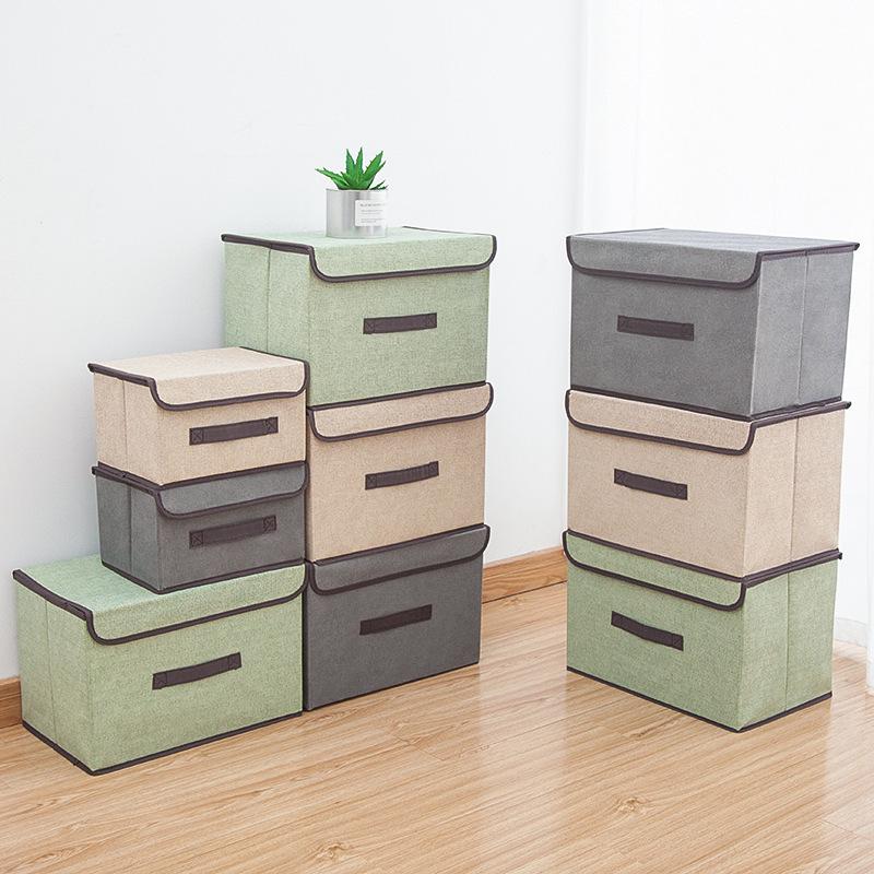Foldable Dustproof Linen-Style Storage Box with Lid for Clothes and Sundries