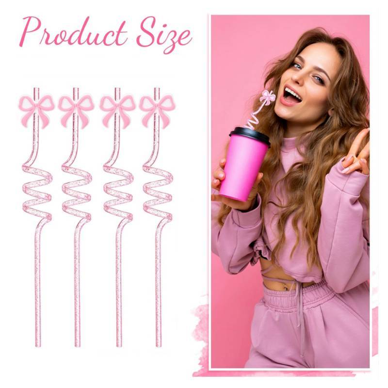 Reusable Pink Butterfly Bow Drinking Straw With Spiral Design For Kids And Party Use