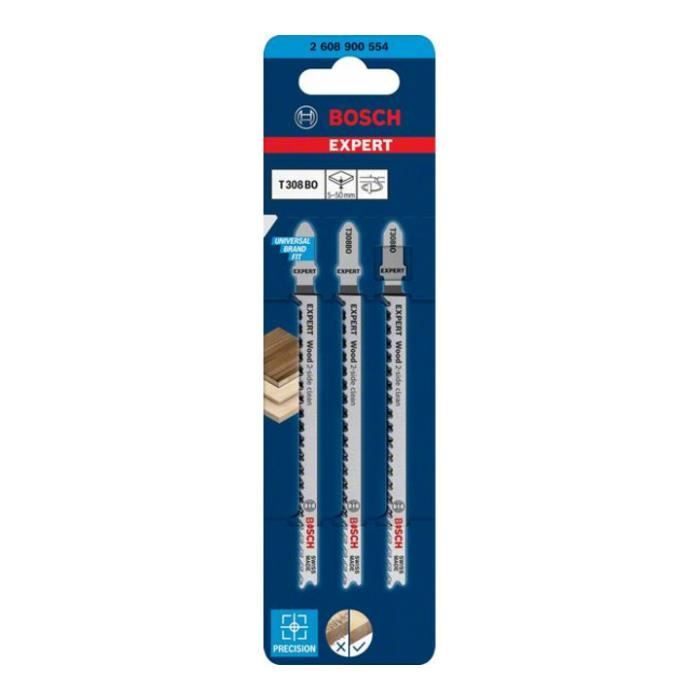 Lame De Scie Sauteuse - BOSCH EXPERT - T 308 BO - 3 Pièces - 117 Mm - HCS Pour Bois