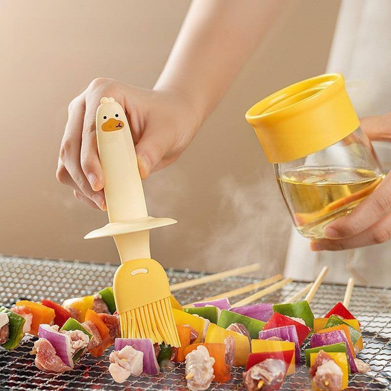 1pcs Yellow Duck Oil Pot Silicone Glass Outdoor Barbecue Camping Home Kitchen Integrated Oil Pot