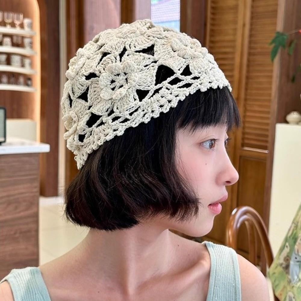 Thin Crochet Flower Knitted Hat Handmade Woven Cap Retro Hollowed Out Beanie Cap  Ladies