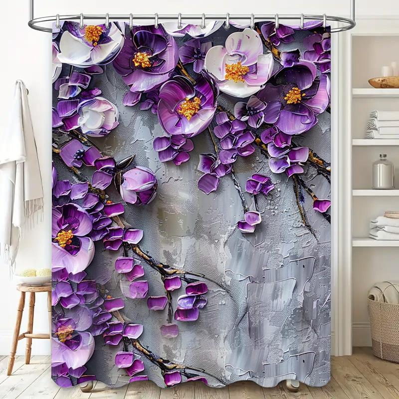 Purple Blossom Shower Curtain Wall Decor Home Decoration Waterproof Bath Mat Floral Design Bathroom Accessories Rustic Chic Deco