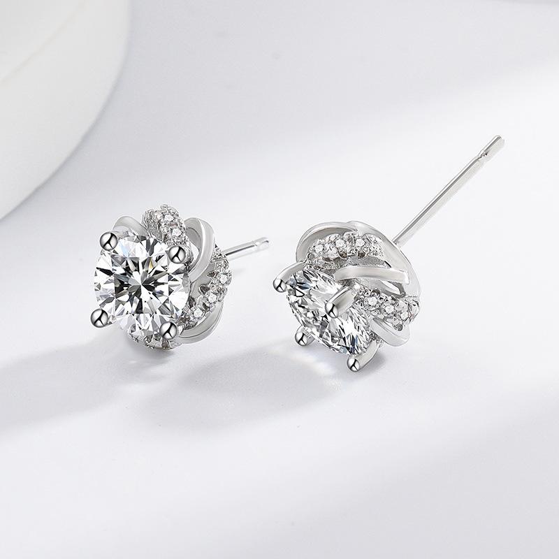 Zirconia Four-Prong Pinwheel Stud Earrings Unisex High-Grade Rhinestone