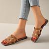 Women's Hollow Out Flat Slides, Retro Square Open Toe Summer Shoes, Casual Outdoor Beach Slides