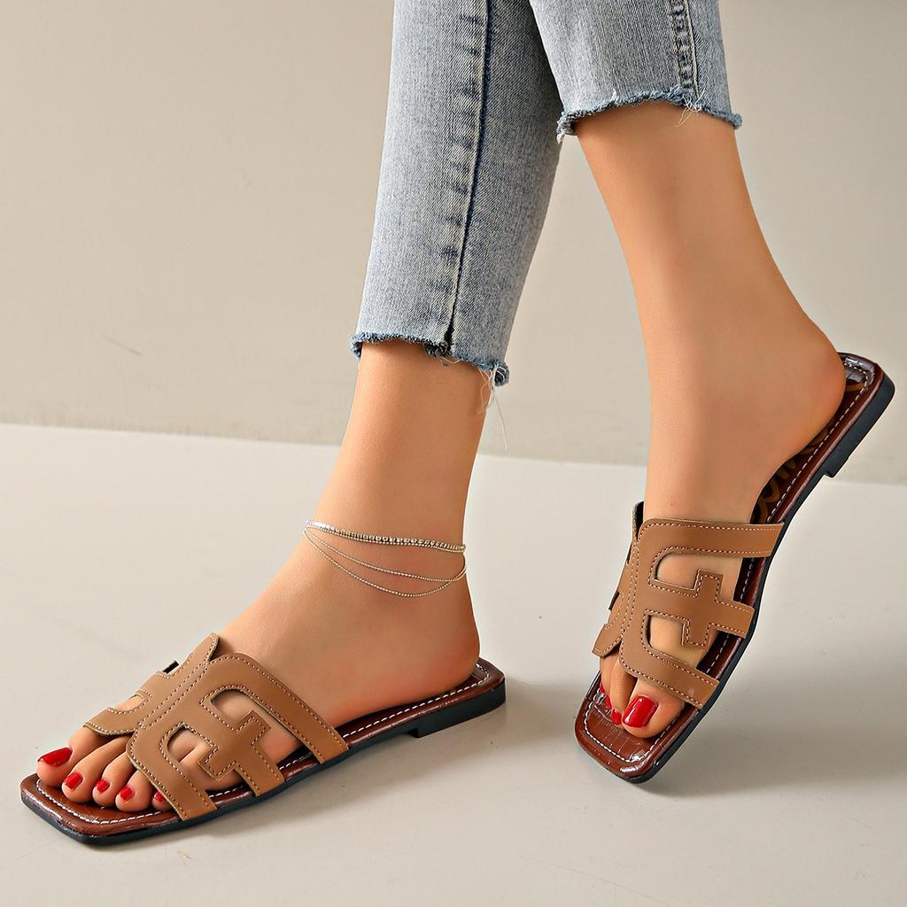 Women's Hollow Out Flat Slides, Retro Square Open Toe Summer Shoes, Casual Outdoor Beach Slides