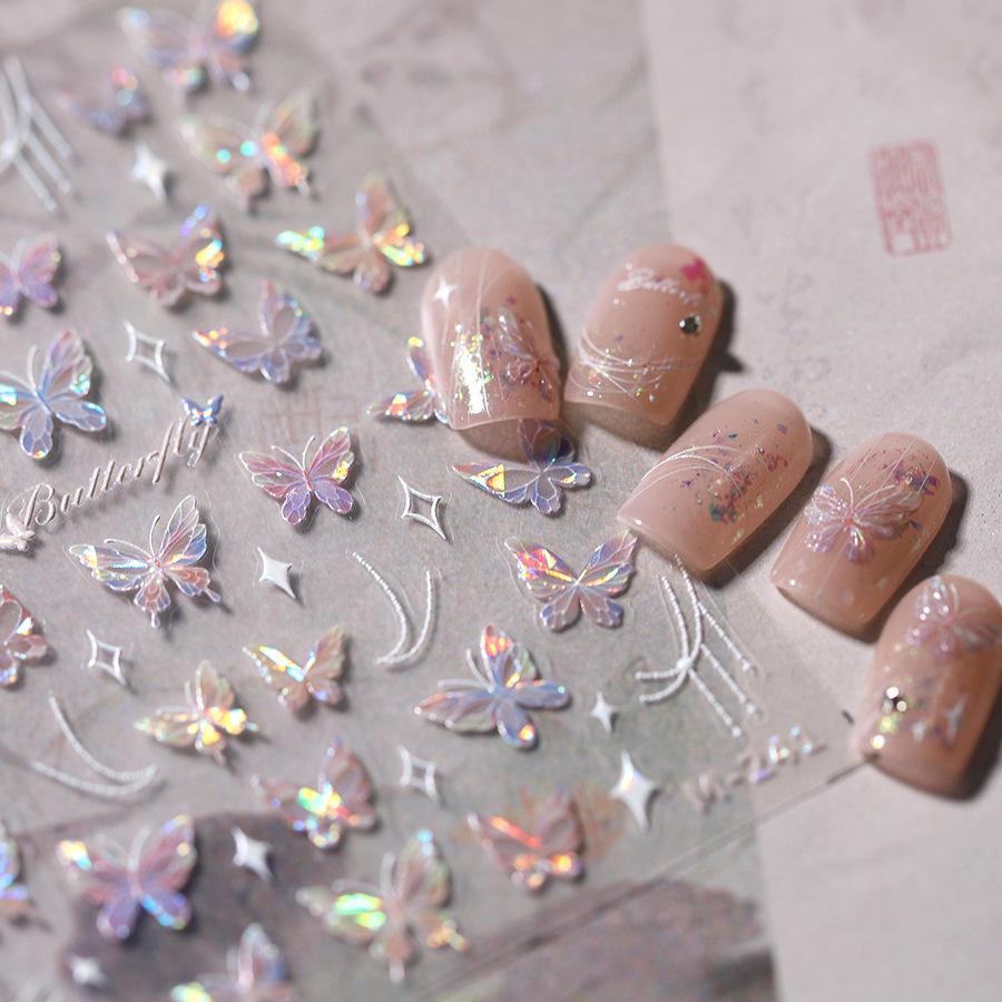 1Pcs 5D Embossed Aurora Butterfly Nail Art Stickers Self Adhesive Decals For Nails Decoration DIY 3D Acrylic Nail Supplies Parts