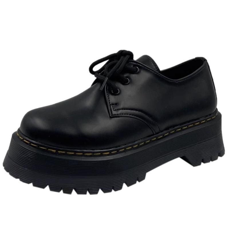 Fashion Autumn New Fashion Black Round Head Lace-up Solid Color Womens Loafers Casual Thick Soled Leather Women's Thick Soled Shoes