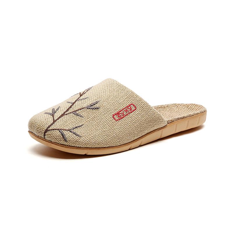 Summer Baotou embroidered women's linen slippers home wooden floor couple home floor indoor men's linen sandals